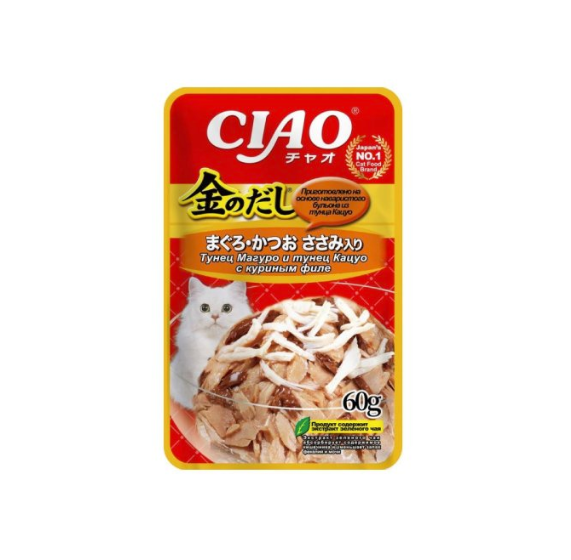 ИНАБА Тунец Магуро и тунец Кацуо с куриным филе для кошек / 60 гр.