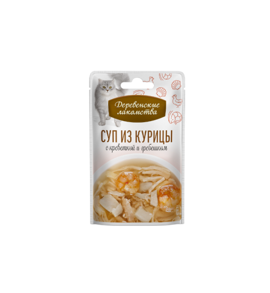 ДЕРЕВЕНСКИЕ ЛАКОМСТВА СУП из курицы с креветкой и гребешком для кошек / 4х35 гр.