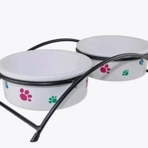 Подставка с керамическими мисками Лапка и рыбка / 2х0,31 л