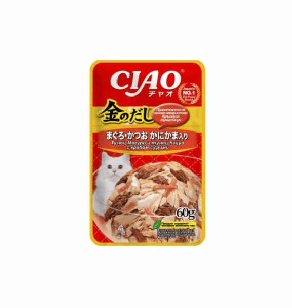 ИНАБА Тунец Магуро и тунец Кацуо с крабом сурими для кошек / 60 гр.
