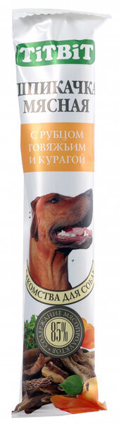 ТИТБИТ для собак Шпикачка с рубцом говяжьим и курагой / 50 гр.