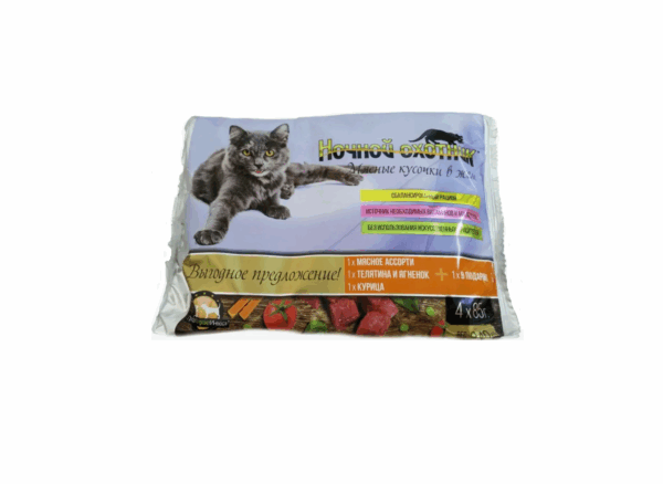 НОЧНОЙ ОХОТНИК для взрослых кошек Мясные кусочки в желе 4х85гр. / 340 гр