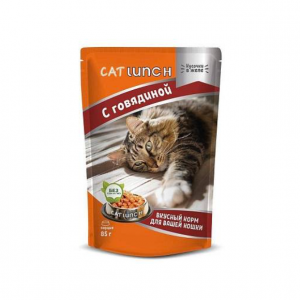 КЭТ ЛАНЧ для взрослых кошек кусочки в желе с говядиной / 85 гр.