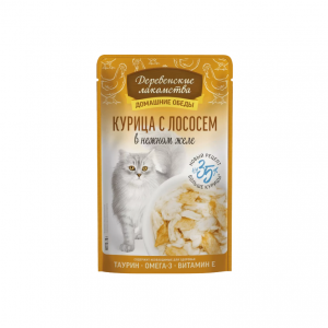 ДЕРЕВЕНСКИЕ ЛАКОМСТВА Курица с лососем для кошек в нежном желе / 70 гр.