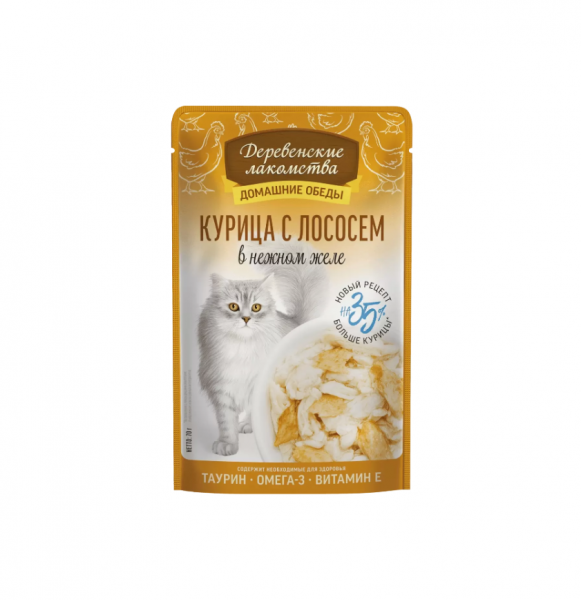 ДЕРЕВЕНСКИЕ ЛАКОМСТВА Курица с лососем для кошек в нежном желе / 70 гр.
