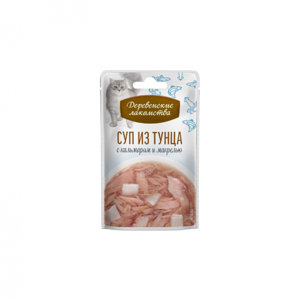 ДЕРЕВЕНСКИЕ ЛАКОМСТВА СУП из тунца с кальмаром и макрелью для кошек / 4х35 гр.