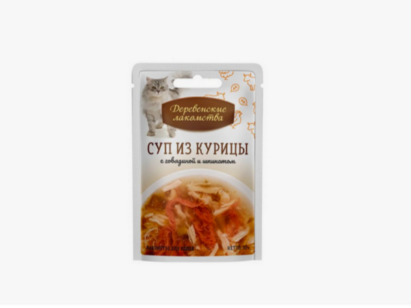 ДЕРЕВЕНСКИЕ ЛАКОМСТВА СУП из курицы с говядиной и шпинатом для кошек / 4х35 гр.