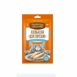 ДЕРЕВЕНСКИЕ ЛАКОМСТВА Колбаски "докторские" с нежным лососем для кошек / 60 гр.